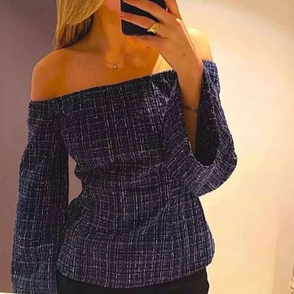 NWT ZARA Tweed Textured Off Shoulder Top Flare Sleeve 8741/257/030 Size SMALL - Picture 2 of 15